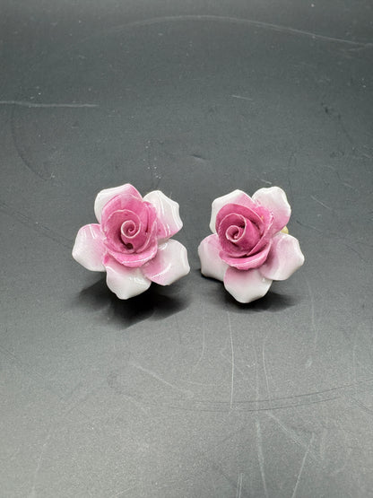 Vintage Porcelain Rose Clip-On Earrings – Pink Floral, Made in England, Mid-Century