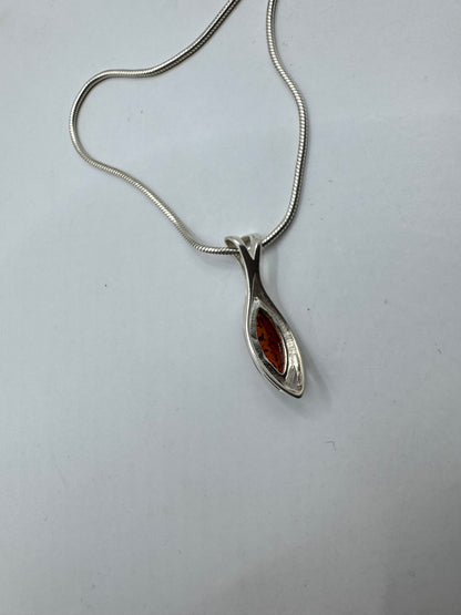 Silver 925 Marquise Amber Pendant Necklace 15”