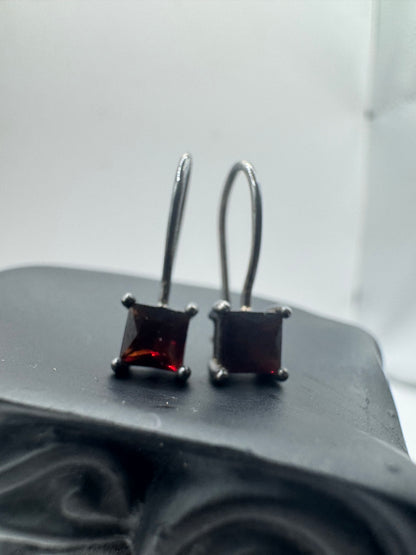 Vintage 925 Sterling Silver Dark Red Stone Earrings
