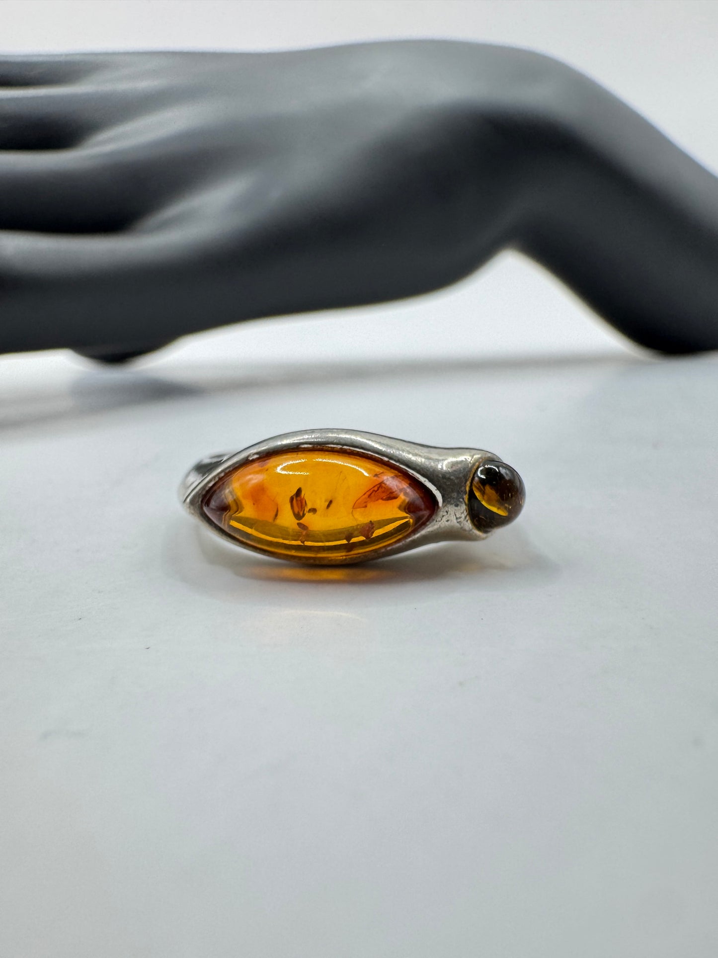 Vintage Sterling Silver Double Amber Navette Ring Size 7