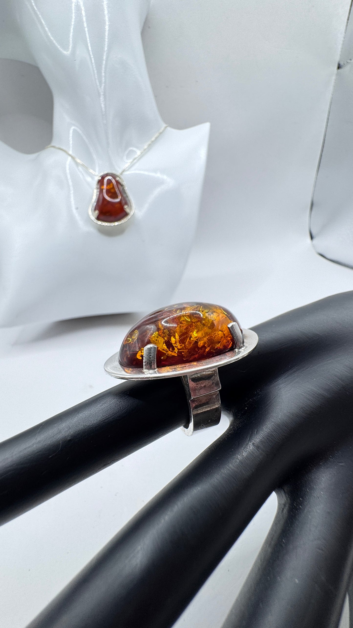 Danish Mogens Godskesen Sterling Silver Baltic Amber Ring and Pendant Set – Signed