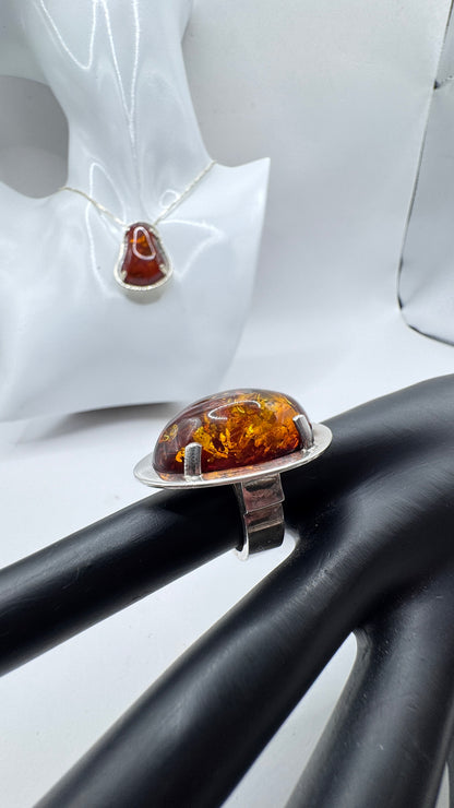 Danish Mogens Godskesen Sterling Silver Baltic Amber Ring and Pendant Set – Signed