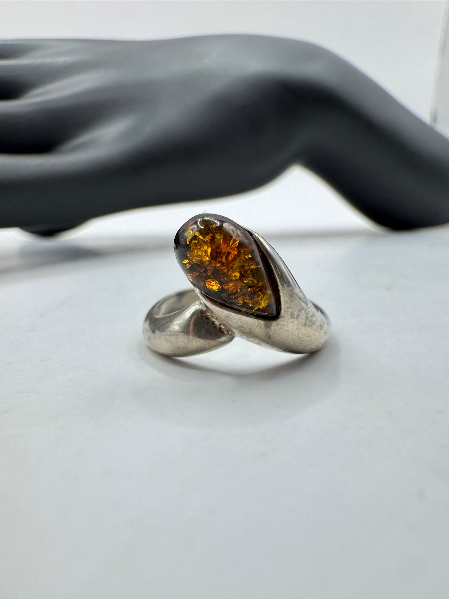 Silver Amber Marquise Twist Ring Size 6