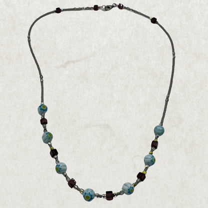 Vintage Art Glass Necklace – Lampwork Blue Floral Beads, Sterling Silver Clasp 925, 21”