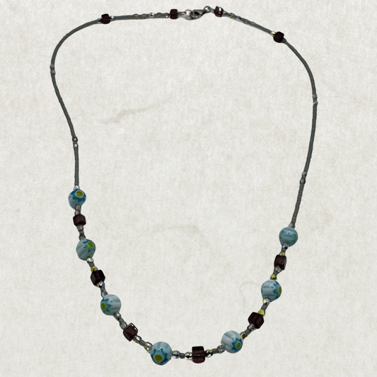 Vintage Art Glass Necklace – Lampwork Blue Floral Beads, Sterling Silver Clasp 925, 21”