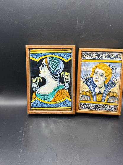 Pair of Vintage Italian Castelli Maiolica Portrait Tiles – Hand Painted Tin-Glazed Ceramic Wall Art – Framed Renaissance Style Plaques – Made in Italy