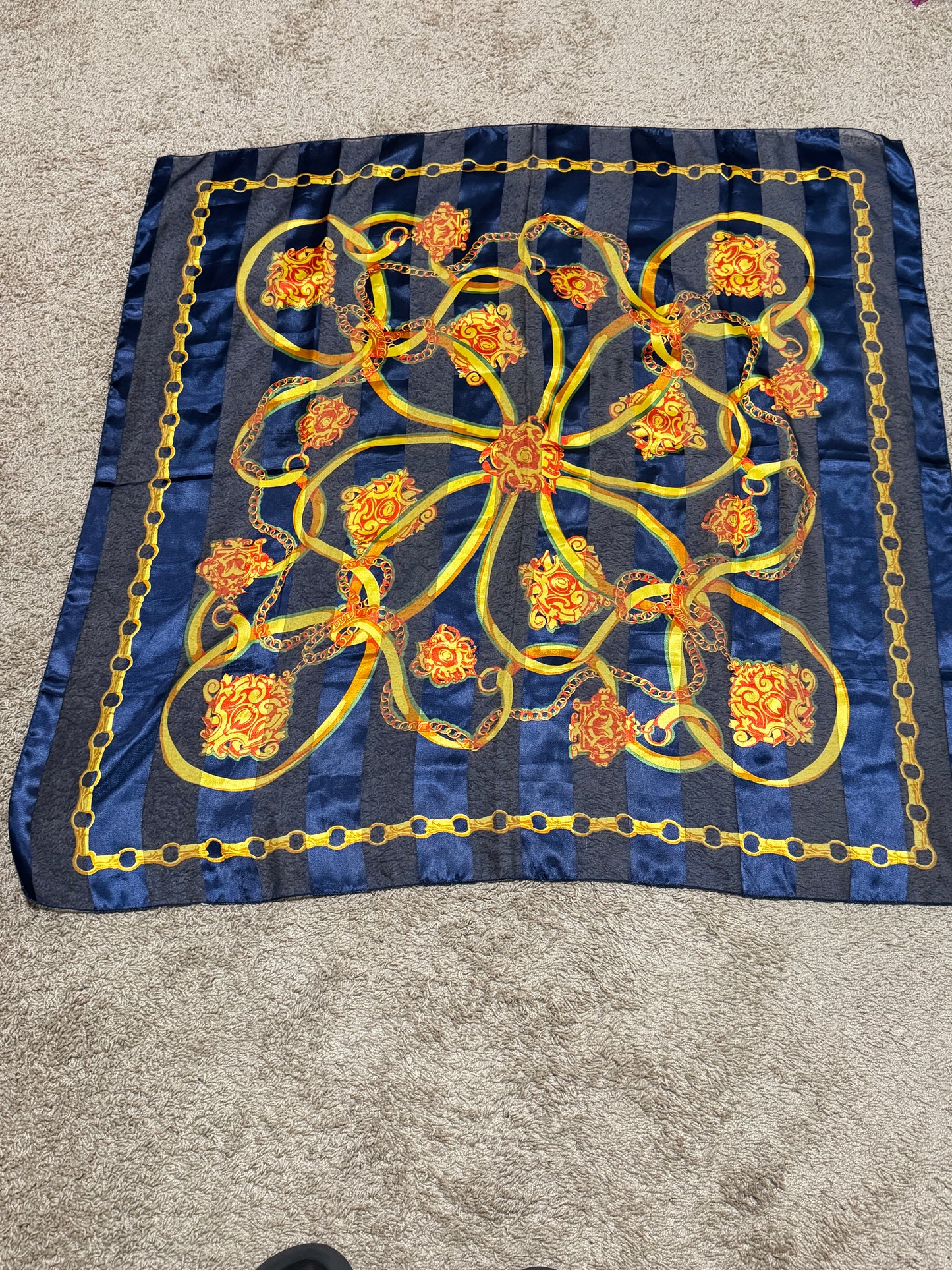 100% Silk Chain Print Scarf, Navy and Gold Baroque Style, 39 x 40 Inches