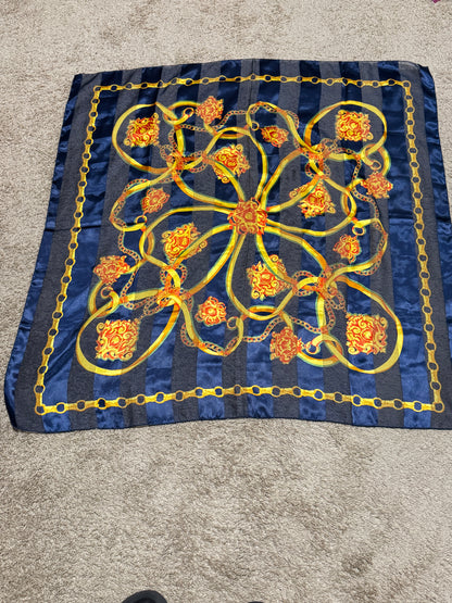 100% Silk Chain Print Scarf, Navy and Gold Baroque Style, 39 x 40 Inches