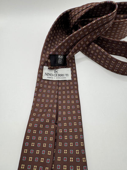 Vintage Nino Cerruti 100% Silk Tie – Brown Geometric Pattern, 57” x 3”