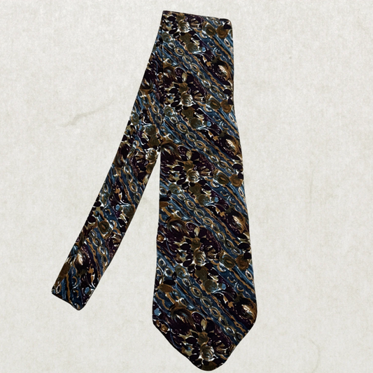 Vintage Cellini Silk Tie – Abstract Baroque Pattern, Blue & Brown, 100% Silk, 57”
