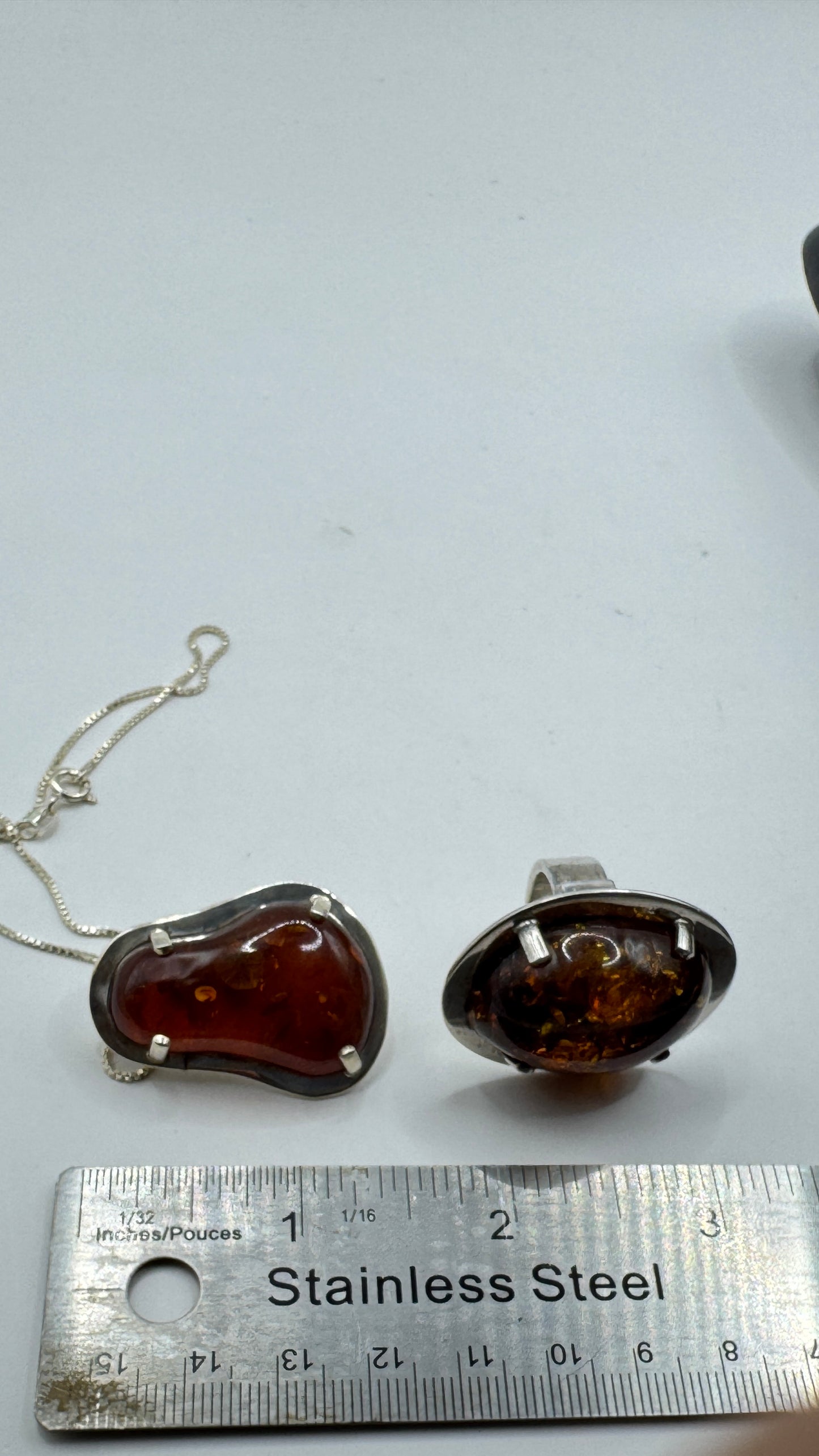 Danish Mogens Godskesen Sterling Silver Baltic Amber Ring and Pendant Set – Signed