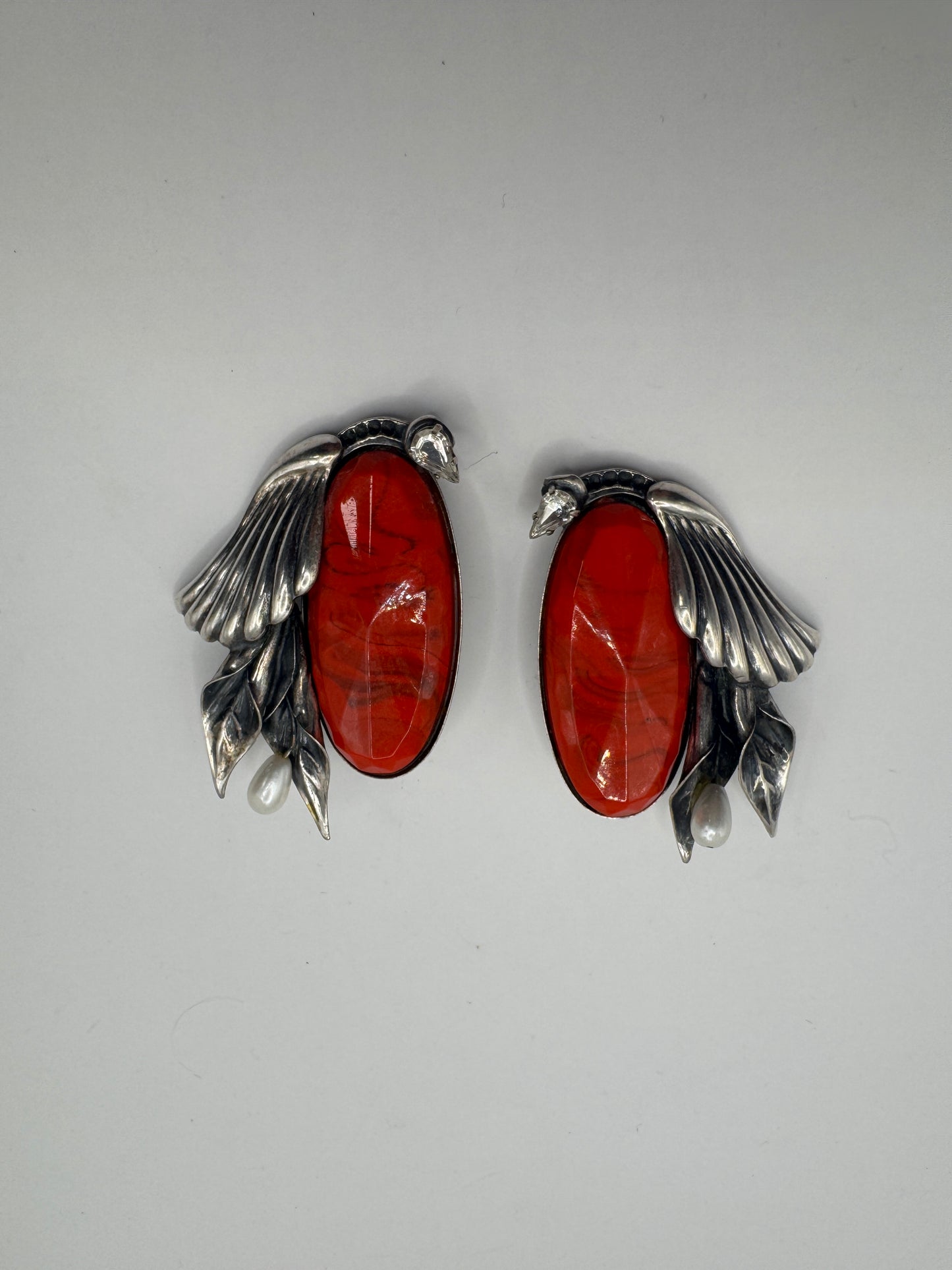 Rare Vintage Art Deco Luigi Briglia Silver Tone Clip-On Earrings