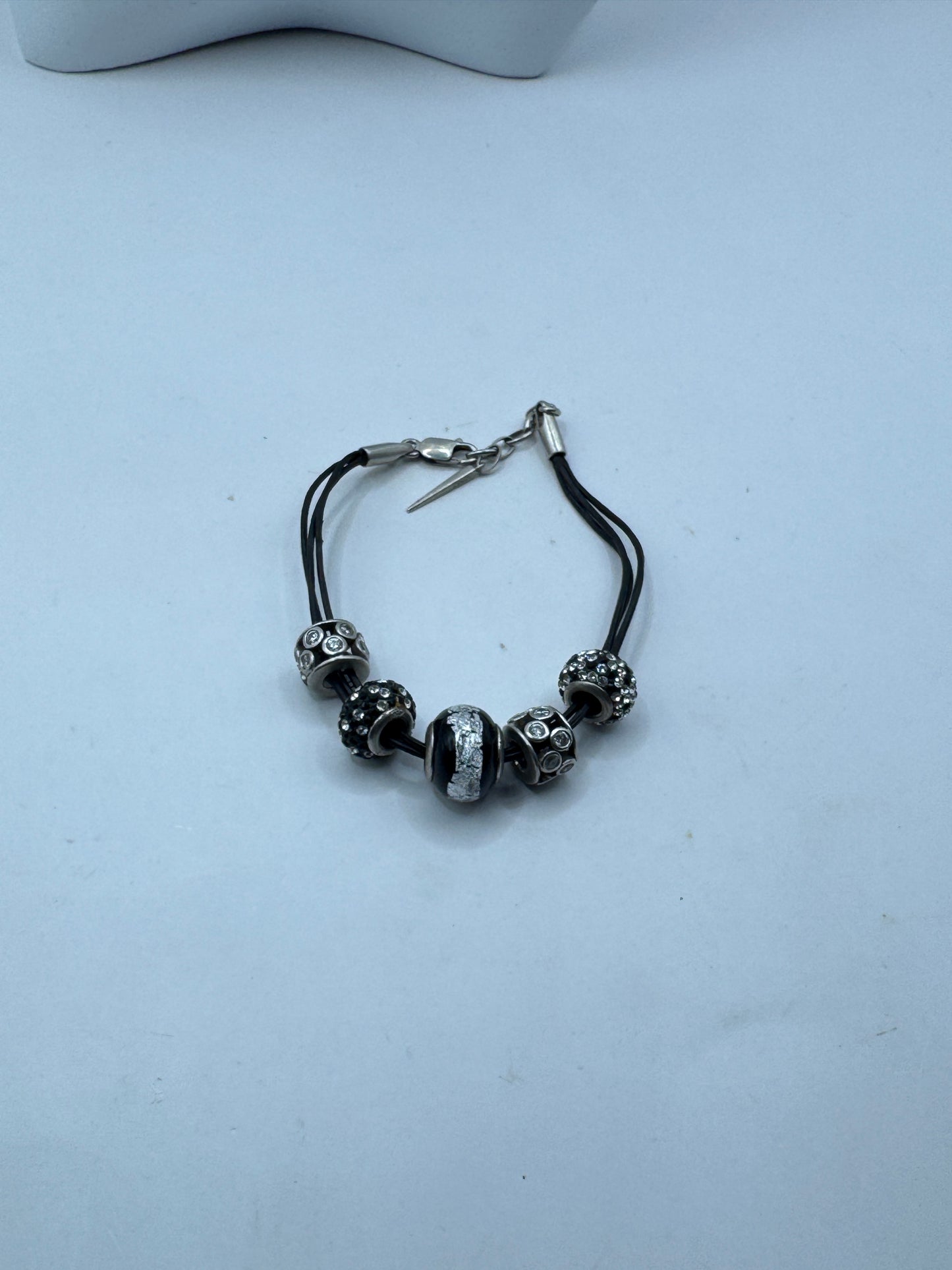 Vintage APART Sterling Silver & Leather Charm Bracelet – Black Rhinestone European Bead Style