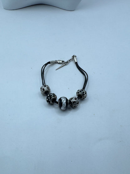 Vintage APART Sterling Silver & Leather Charm Bracelet – Black Rhinestone European Bead Style