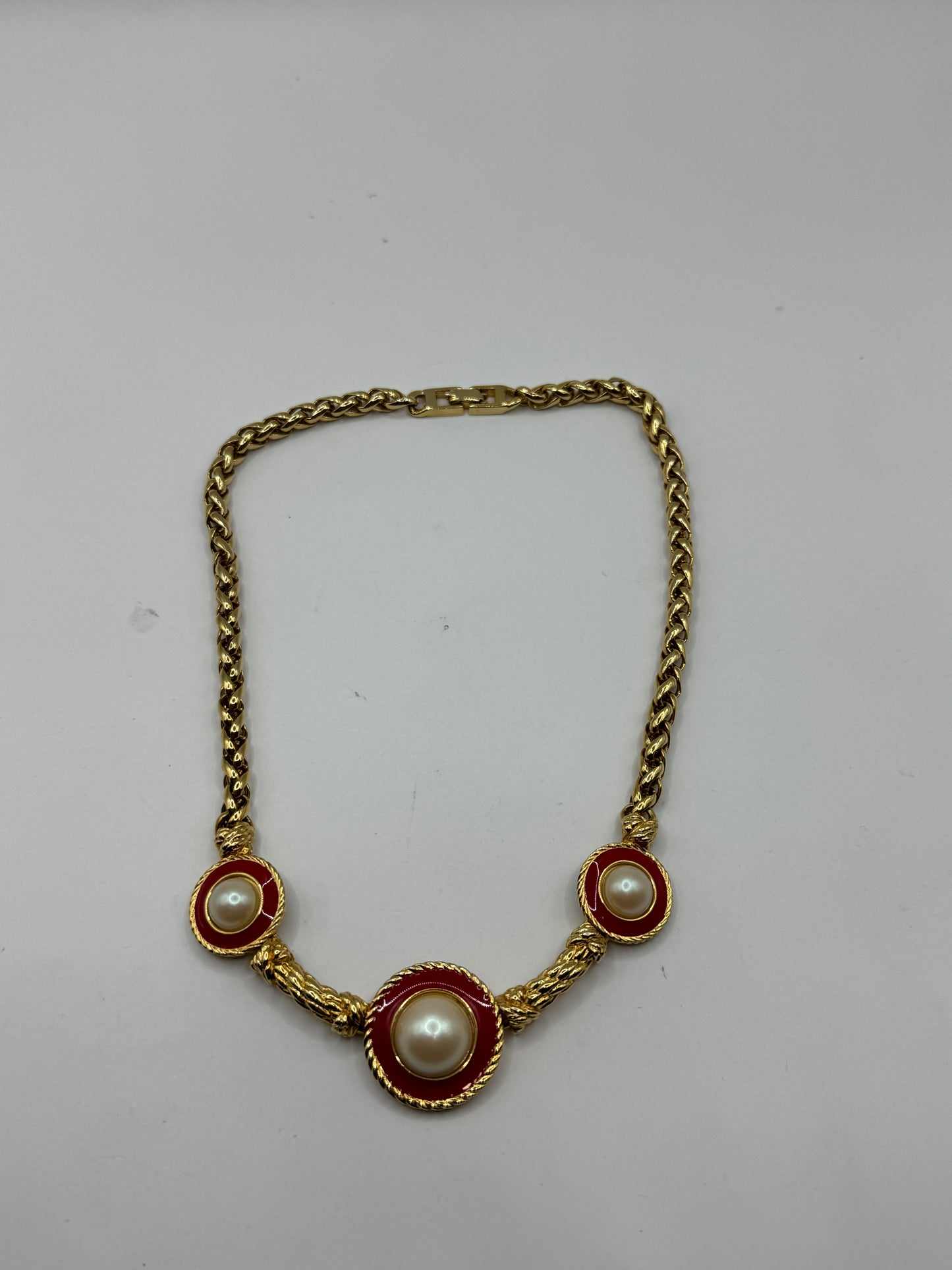 Vintage Richelieu Necklace – Gold Tone, Red Enamel & Faux Pearl, 16”, Statement Piece