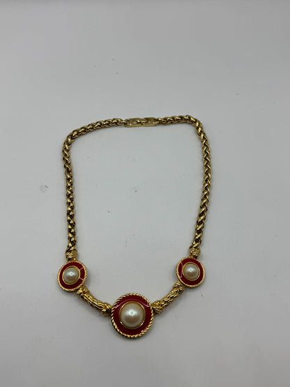 Vintage Richelieu Necklace – Gold Tone, Red Enamel & Faux Pearl, 16”, Statement Piece