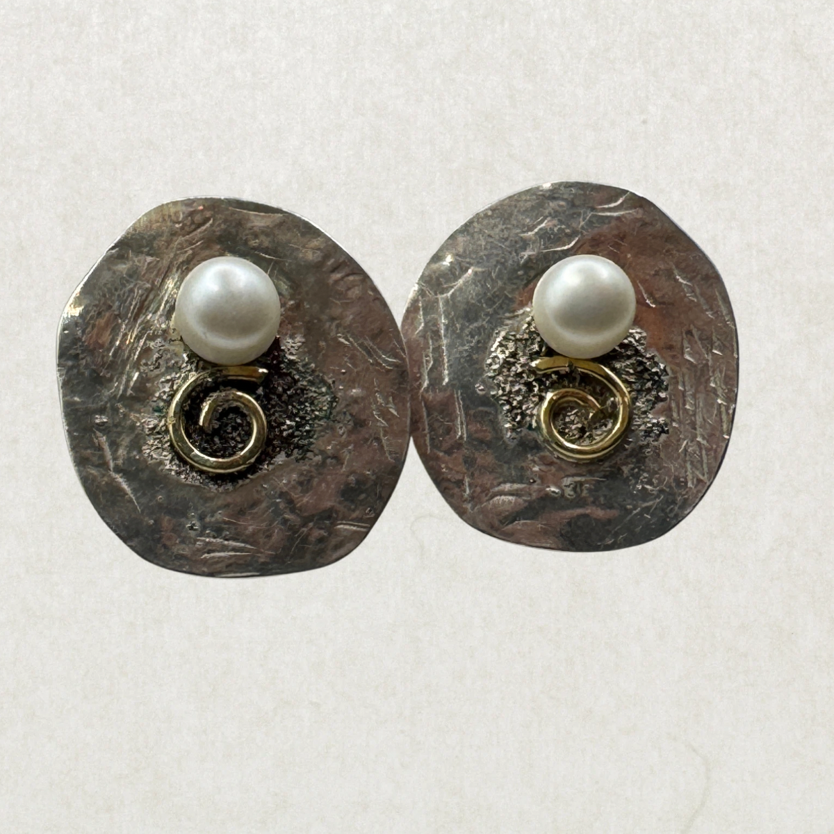 Unique Handmade Modernist Sterling Silver Pearl Earrings with 14K Gold Accents & 14K Gold Posts(tested)