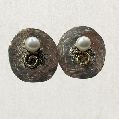 Unique Handmade Modernist Sterling Silver Pearl Earrings with 14K Gold Accents & 14K Gold Posts(tested)