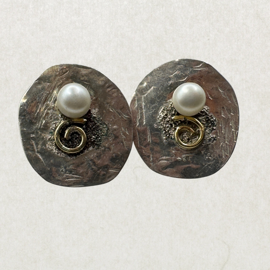 Unique Handmade Modernist Sterling Silver Pearl Earrings with 14K Gold Accents & 14K Gold Posts(tested)