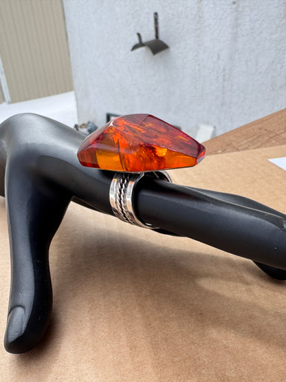 Sterling Silver Ring with Large Faceted Fire Amber, Size 7 Adjustable