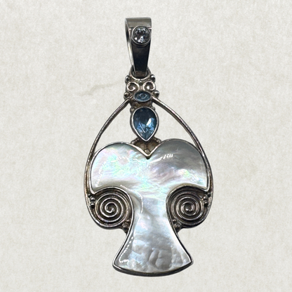 RARE Large Sajen Sterling Silver Mother of Pearl & Topaz Stylized Angel Pendant – Excellent Condition