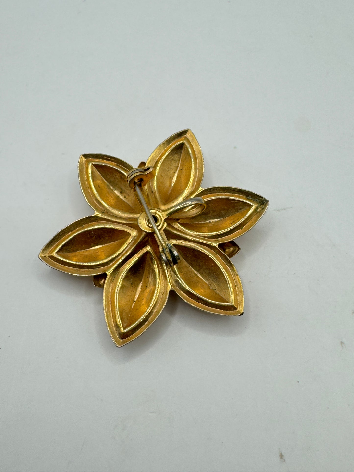 Vintage Gold Tone Floral Brooch Pendant with Blue Rhinestones – 1960s Statement Flower Pin
