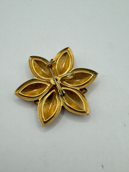 Vintage Gold Tone Floral Brooch Pendant with Blue Rhinestones – 1960s Statement Flower Pin