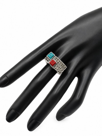 Vintage Native American Style Turquoise & Red Stone Ring – Size 8
