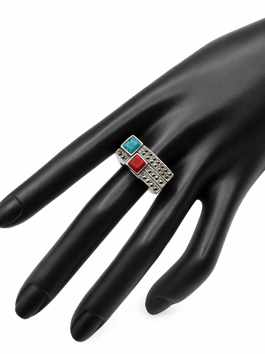 Vintage Native American Style Turquoise & Red Stone Ring – Size 8