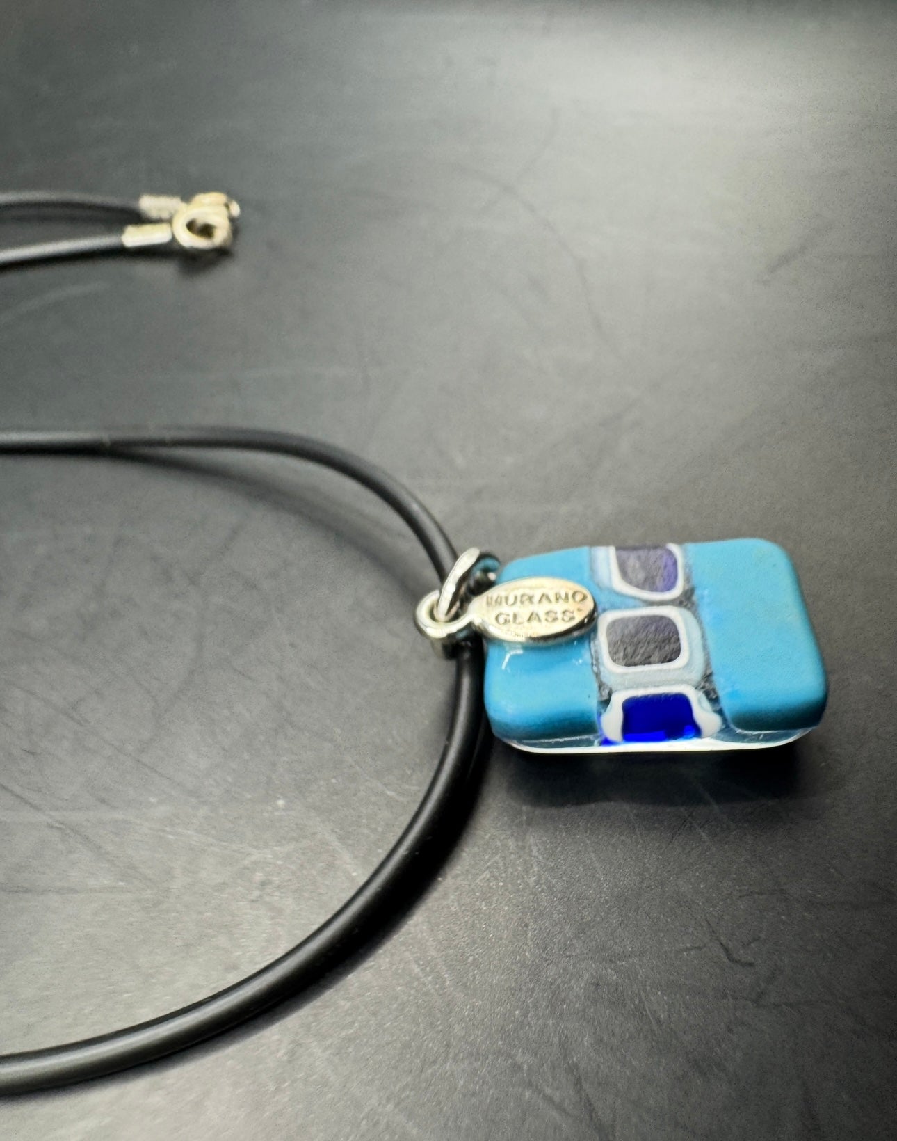 Murano Glass Pendant Necklace – Blue Art Glass on Black Cord – Handmade Look