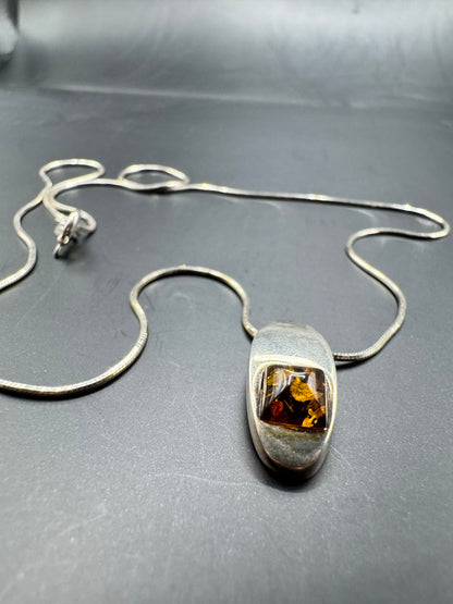 Amber Statement Pendant Necklace – 925 Sterling Silver, 17” Chain