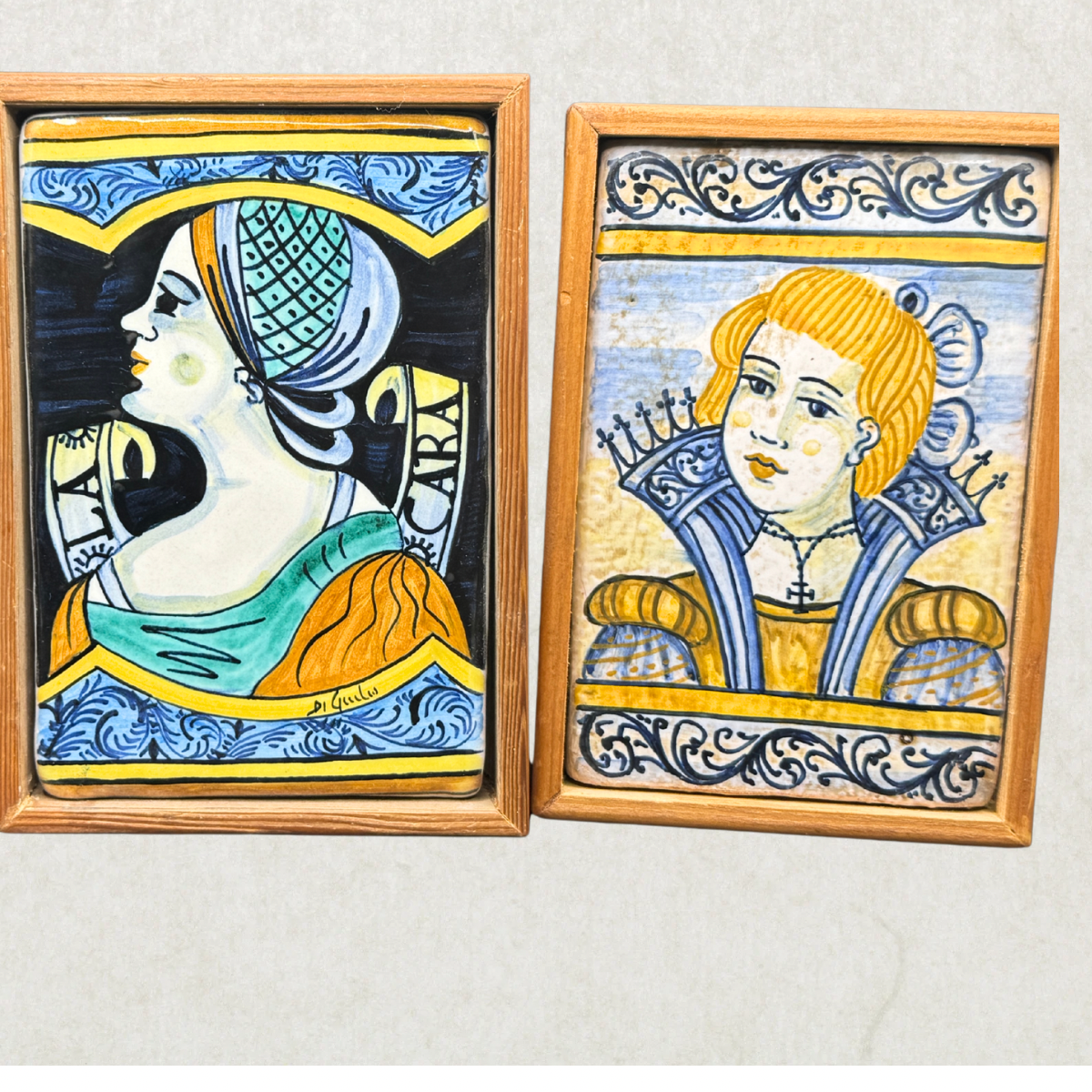 Pair of Vintage Italian Castelli Maiolica Portrait Tiles – Hand Painted Tin-Glazed Ceramic Wall Art – Framed Renaissance Style Plaques – Made in Italy