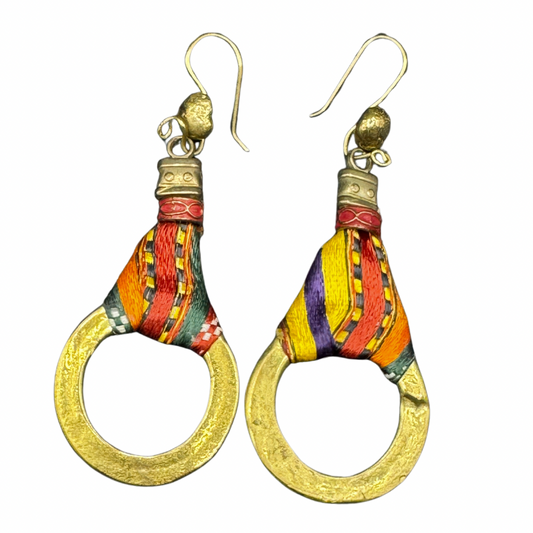 Vintage Large Bronze Drop Earrings – Colorful Wrapped Thread Boho Statement Earrings