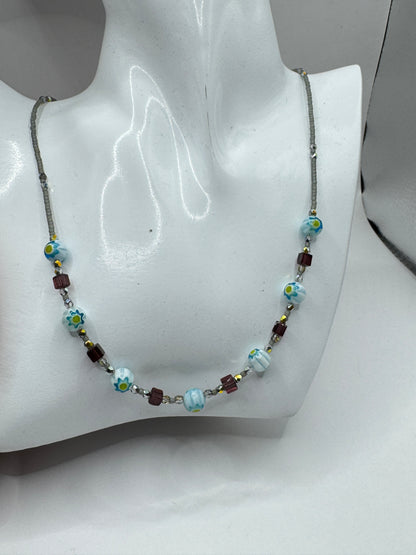Vintage Art Glass Necklace – Lampwork Blue Floral Beads, Sterling Silver Clasp 925, 21”