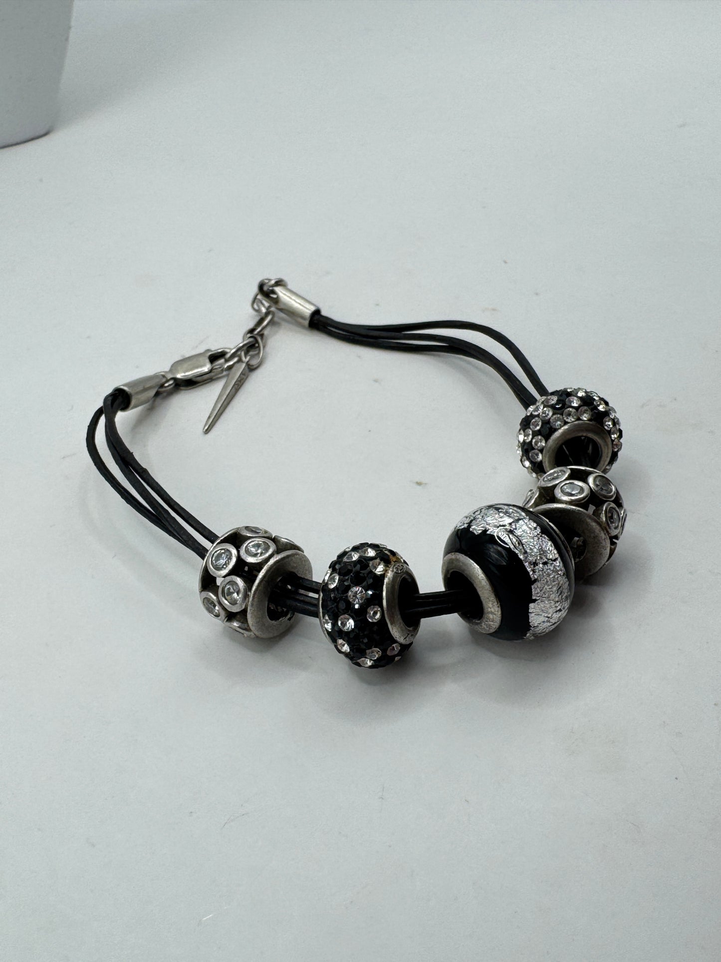 Vintage APART Sterling Silver & Leather Charm Bracelet – Black Rhinestone European Bead Style