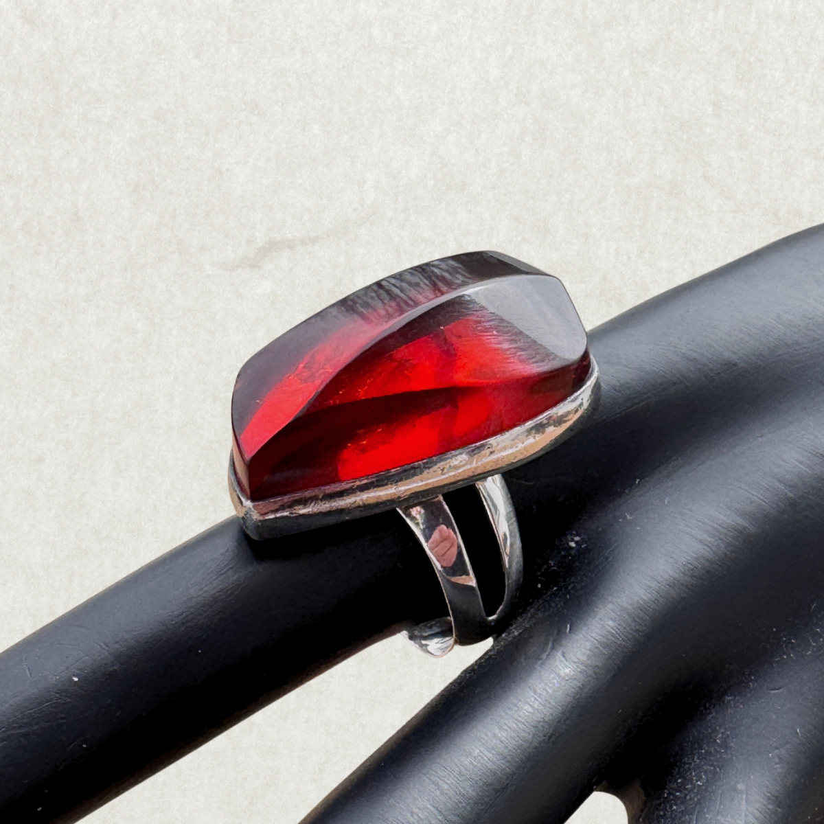 Sterling Silver Ring with Red Fire Amber, Size 9