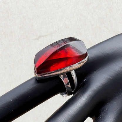 Sterling Silver Ring with Red Fire Amber, Size 9