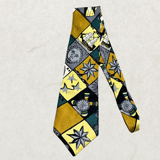BNWT Vintage Bergamo 100% Silk Tie – Artistic Renaissance & Nautical Print Designer Necktie Multicolor 55” x 4”