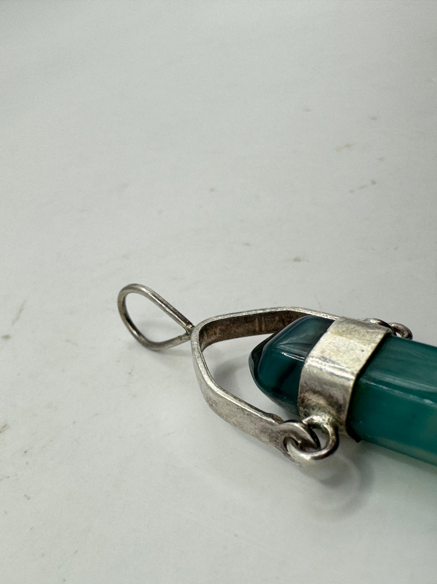 Vintage Sterling Silver Green Banded Agate Crystal Point Pendant – Artisan Gemstone Charm