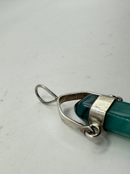Vintage Sterling Silver Green Banded Agate Crystal Point Pendant – Artisan Gemstone Charm