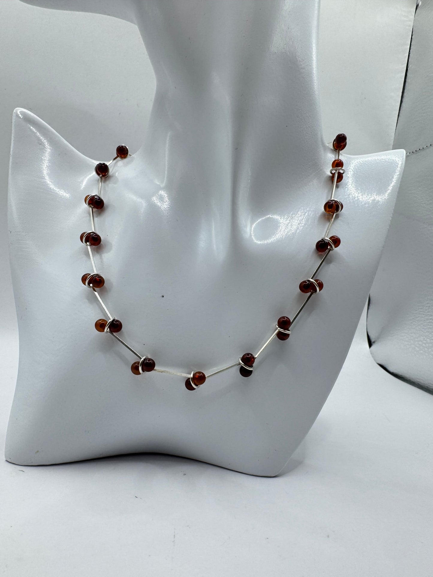 Silver 925 Amber Bead Bar Necklace 15”