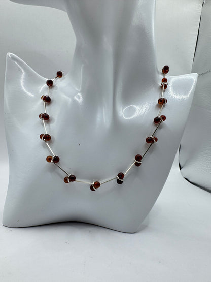 Silver 925 Amber Bead Bar Necklace 15”