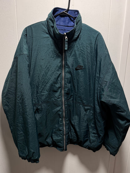 Vintage 90s Nike Reversible Puffer Jacket Men’s L – Big Embroidered Swoosh, Green/Blue