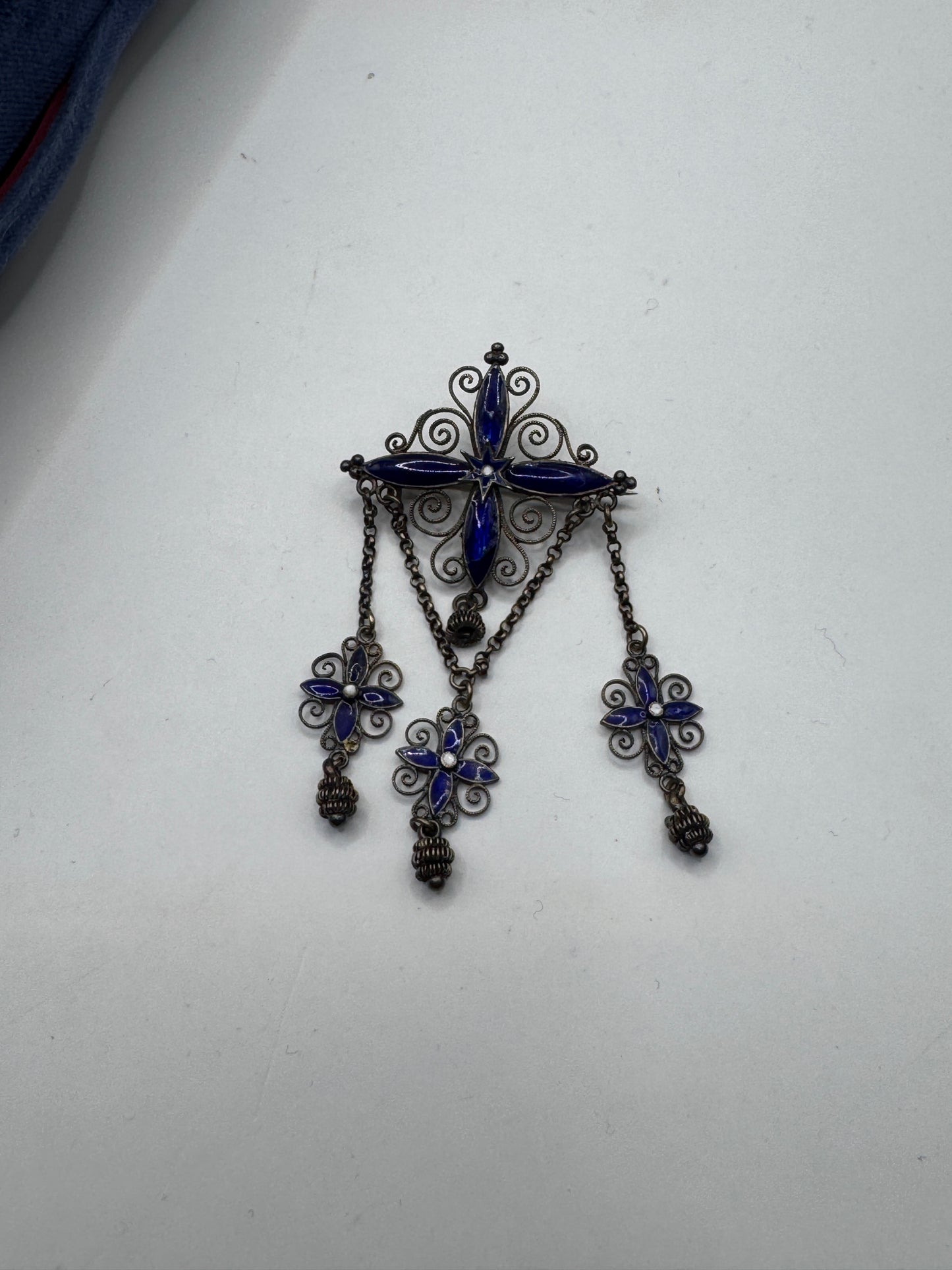 Authentic Antique Marius Hammer Silver 930 Filigree Brooch with Blue Enamel & Thimble Drops, c.1900 – Good Condition