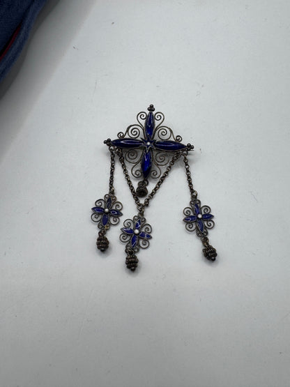 Authentic Antique Marius Hammer Silver 930 Filigree Brooch with Blue Enamel & Thimble Drops, c.1900 – Good Condition