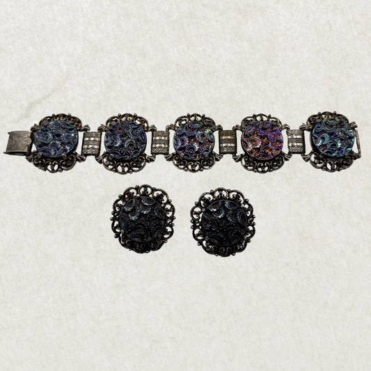 Vintage 1950s Prestige(Coro) Iridescent Cabochon Bracelet & Clip-On Earrings Set