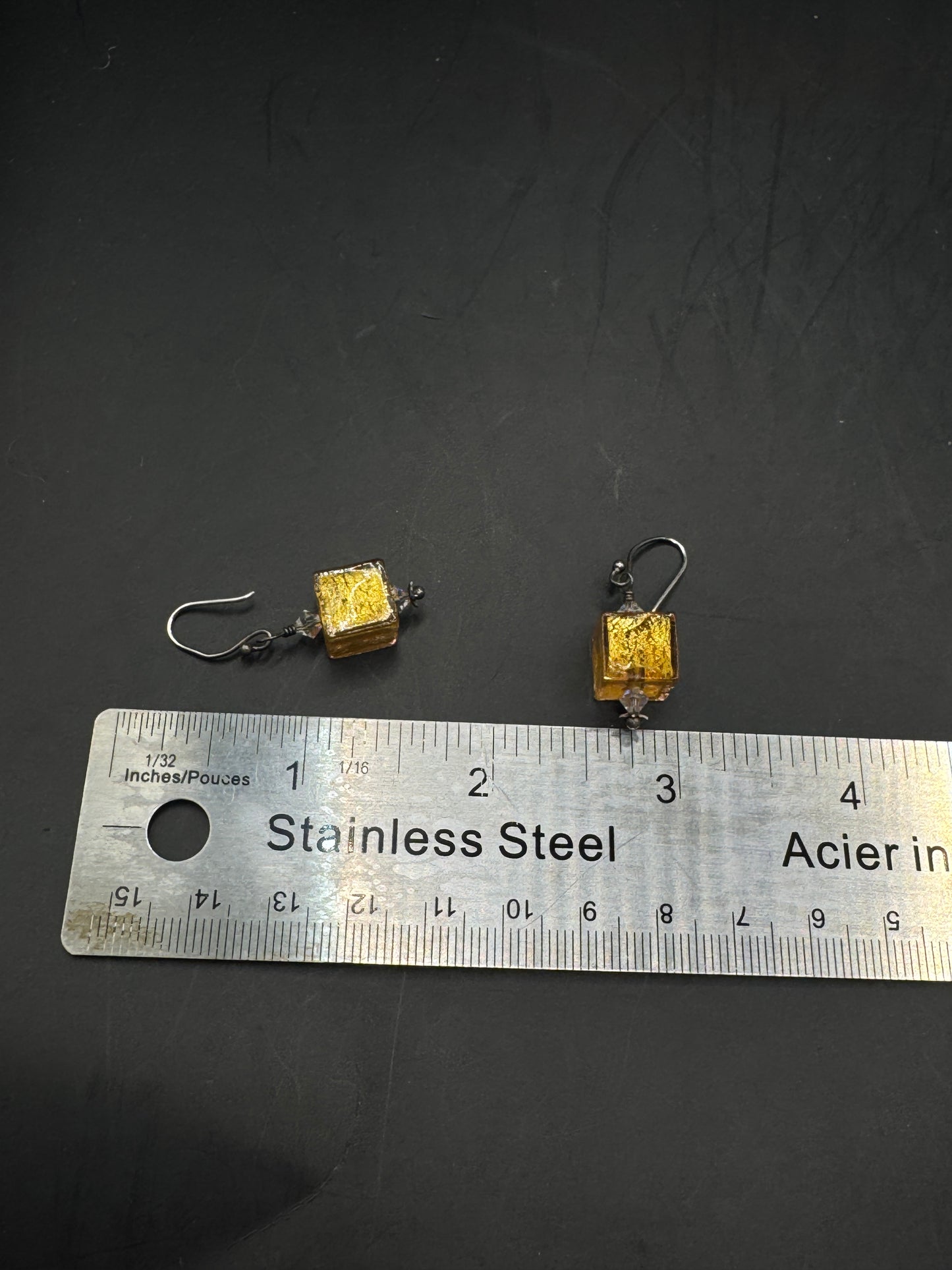 Handmade Sterling Silver Art Glass Earrings – Gold Foil Murano Style Dangle Earrings