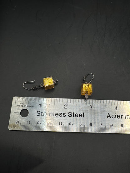Handmade Sterling Silver Art Glass Earrings – Gold Foil Murano Style Dangle Earrings
