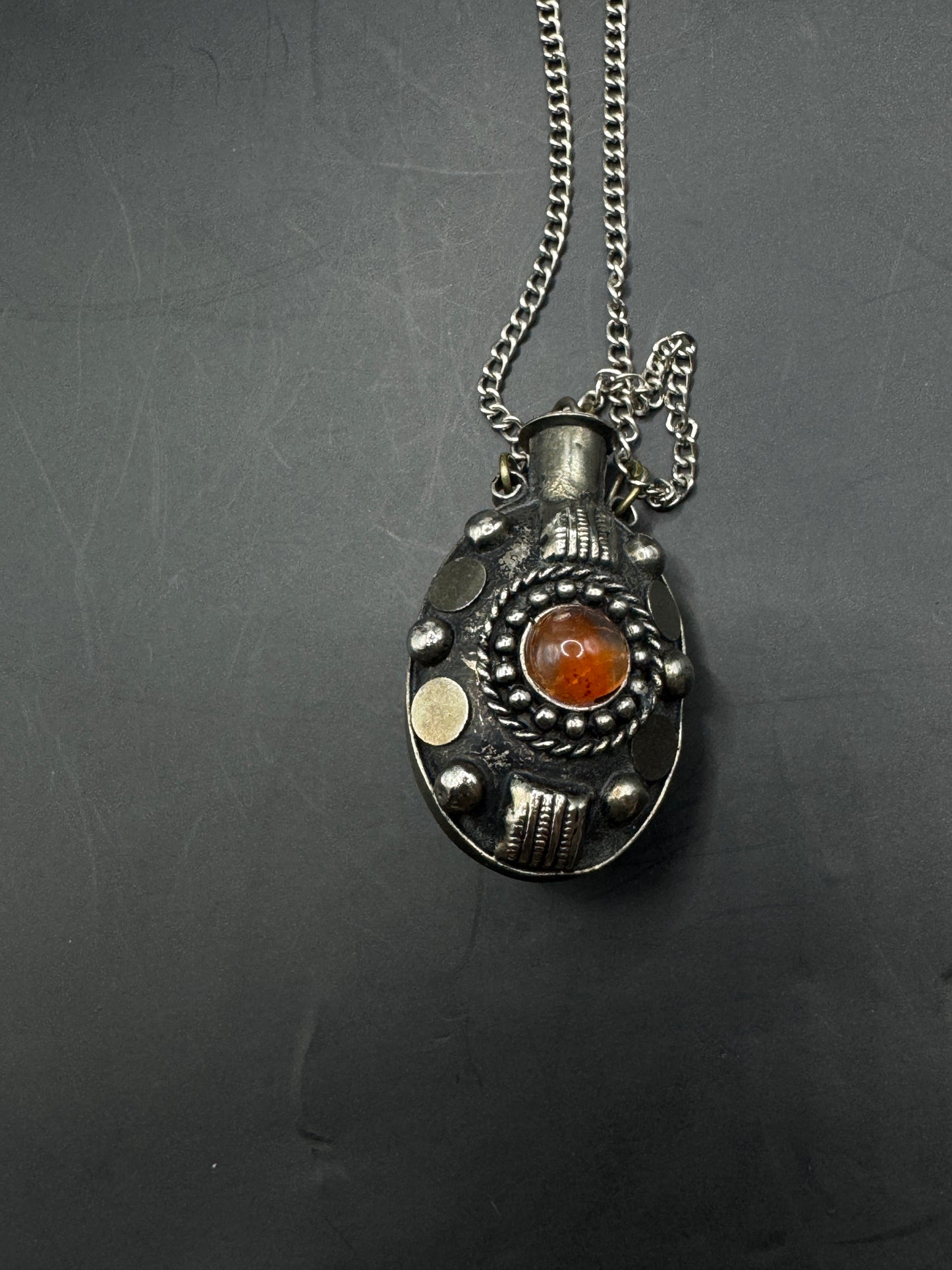 Vintage Silver Plated Perfume Bottle Necklace – Ornate Pendant with Amber Glass Cabochon