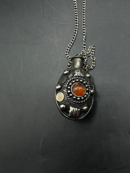 Vintage Silver Plated Perfume Bottle Necklace – Ornate Pendant with Amber Glass Cabochon